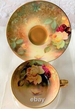 Royal Worcester Hand Painted Cup & Saucer Roses Signed Twin 1919