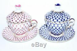 Russian Imperial Lomonosov Porcelain 2 Lidded Tea Cups & Saucer Cobalt Net Blues