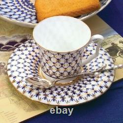 Russian Imperial Lomonosov Porcelain Cobalt Net Coffee Cup Teacup Saucer Set