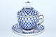 Russian Imperial Lomonosov Porcelain Lidded Tea Cup And Saucer Cobalt Net Rare