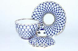 Russian Imperial Lomonosov Porcelain Lidded Tea cup and saucer Cobalt Net Rare
