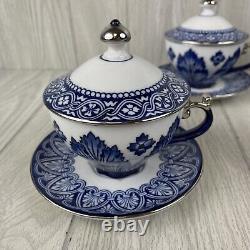 SET Bombay Company Grace Cobalt Blue White Platinum Trim Covered Cup Mug Saucer