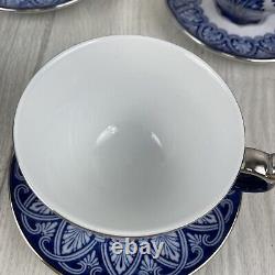 SET Bombay Company Grace Cobalt Blue White Platinum Trim Covered Cup Mug Saucer