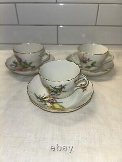 Set Of 3 Antique Meissen Porcelain Demitasse Cup & Saucer Floral Twisted Handle