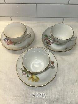 Set Of 3 Antique Meissen Porcelain Demitasse Cup & Saucer Floral Twisted Handle