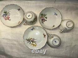 Set Of 3 Antique Meissen Porcelain Demitasse Cup & Saucer Floral Twisted Handle