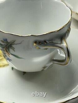 Set Of 3 Antique Meissen Porcelain Demitasse Cup & Saucer Floral Twisted Handle