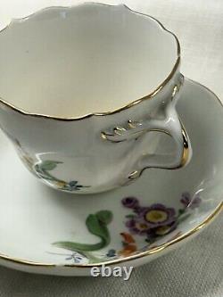 Set Of 3 Antique Meissen Porcelain Demitasse Cup & Saucer Floral Twisted Handle