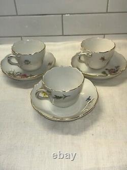 Set Of 3 Antique Meissen Porcelain Demitasse Cup & Saucer Floral Twisted Handle