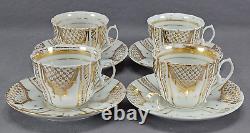 Set of 4 Antique Old Paris Porcelain Gold Lattice Scrollwork Tea Cups & Saucer