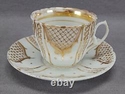 Set of 4 Antique Old Paris Porcelain Gold Lattice Scrollwork Tea Cups & Saucer