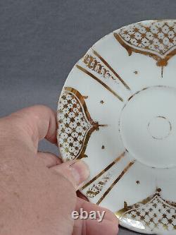 Set of 4 Antique Old Paris Porcelain Gold Lattice Scrollwork Tea Cups & Saucer