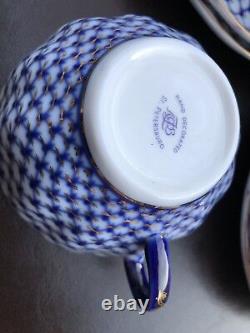 Set of 4 Imperial Porcelain Cobalt Net Tea cup Saucer Lomonosov LFZ 8.5 fl oz