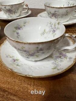 Set of 4 Tea Cup & Saucer Antique GDA Limoges Purple Flowers & Clouded Gold