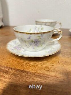 Set of 4 Tea Cup & Saucer Antique GDA Limoges Purple Flowers & Clouded Gold