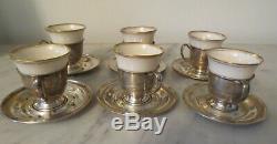 Set of 6 Sterling Silver and Porcelain Liners Lenox Espresso Cups & Saucer