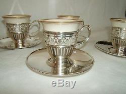 Set of 6 Tiffany & Co Sterling Silver & Porcelain Demitasse Cups & Saucers 1912