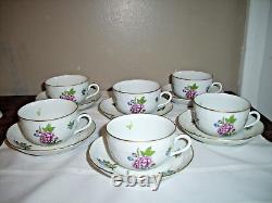 Set of 6 Vintage HEREND ETON PATTERN TEA CUP & SAUCER HANDPAINTED PORCELAIN