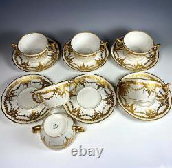 Set of 6 c. 1907 J. Pouyat, Limoges, France Porcelain Bouillon Cups and Saucers
