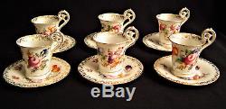Set of six Dresden Flowers Demi tasse Cups and saucers Hand Painted Antique