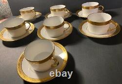 Seven Pristine Raynaud Limoges Ceraline Porcelain Gold & White Flat Cup & Saucer