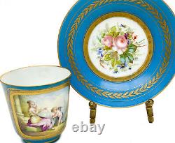 Sevres France Hand Painted Porcelain Cup & Saucer, 1876. Beauty & Cherub