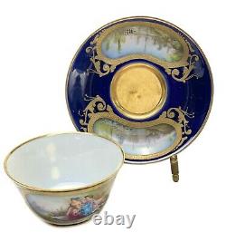 Sevres France Hand Painted Porcelain Cup & Saucer, 19th C. Courting Scene