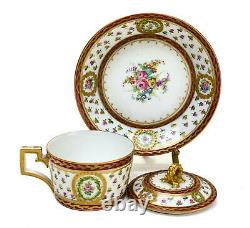 Sevres France Porcelain Lidded Cup and Saucer. Hand Painted Flowers