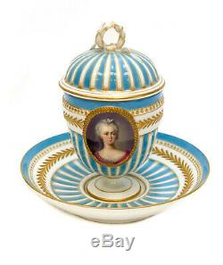 Sevres Hand Painted Porcelain Lidded Cup & Saucer, 19th C Madame Sophie