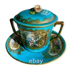 Sevres porcelain trio, large covered cup and deep saucer, XIX century