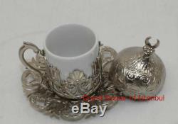 Shiny Silver Turkish Coffee Set (of 6) Porcelain Cups Delight Bowl Wavy Tray