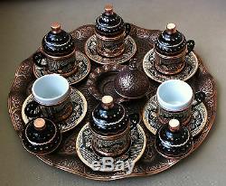 Silver Copper Engravings Turkish Coffee Set 6 Cups Delight Bowl Tray Porcelain