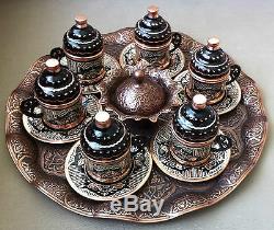 Silver Copper Engravings Turkish Coffee Set 6 Cups Delight Bowl Tray Porcelain