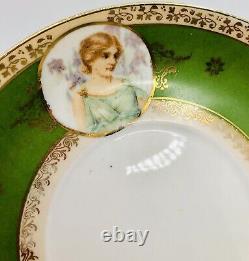 Soviet Porcelain Woman Portrait Cameo Green Tea Cup & Saucer Hammer Sickle c1930