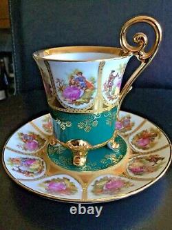 Stunning Vintage Limoges La Reine Demitasse Cup & Saucer Fragonard 22 Karat Gold