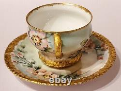 T&V Limoges Depose France Poppies Fox Handle Heavy Gold Teacup and Saucer Set
