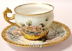 T&V Limoges Depose France Poppies Fox Handle Heavy Gold Teacup and Saucer Set