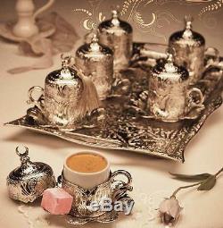 TURKISH COFFEE SET Tulip Mugs Porcelain Cups Sugar Bowl Wavy RectangleTray