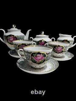 Tea Set Imperial Lomonosov Porcelain Cups Saucers Cream Sugar Pot Hand-Painted