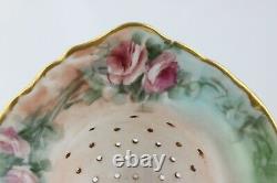 Tea Strainer Antique Porcelain Handpainted Roses & Gold Maker Unknown Signed K
