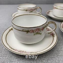 Theodore Haviland Limoges FRANCE Tea Cup Saucer Pink Roses Gold Accents Lot of 6