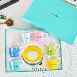 Tiffany & Co. Porcelain Cup and Saucer Set Multicolor Design (Set of 6)