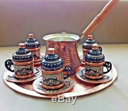 Turkish Coffee Set 6 Hand Painted Cups, Copper Cezve, Tray, Porcelain Insert