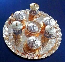 Turkish Coffee Water Tea BIG Set, Copper& Porcelain Glass, Ottoman Palace Tulips
