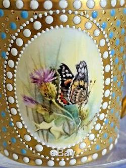 Unique porcelain jewelled cup & saucer painted panel by Ken Russell ex worcester