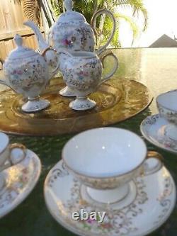 VTG 17Pcs Fine White Flowers & Gold Porcelain Demitasse Coffee -Tea Set. EXC
