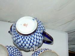 VTG Russian Imperial Lomonosov Porcelain Teapot Cups & Saucers Cobalt Net Gold
