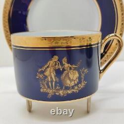 Vintage 6 Pcs Limoges Cobalt Blue &Green Tea Cup & Saucer Victorian Couple Gold