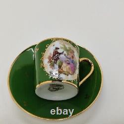 Vintage 6 Pcs Limoges Cobalt Blue &Green Tea Cup & Saucer Victorian Couple Gold