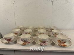 Vintage Antique German KPM Porcelain Set of 12 Cups & Saucers Painted Floral Dec